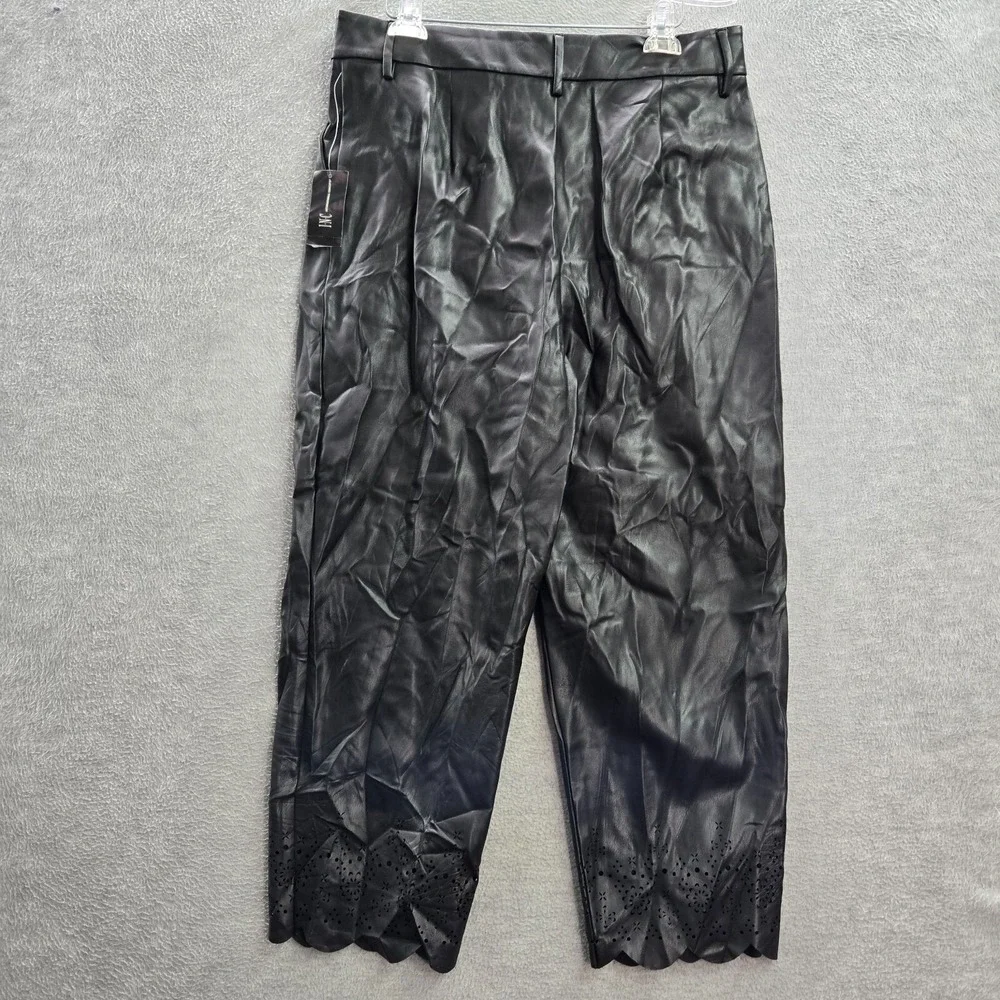 INC Women Pants 16 Black Faux Leather Cropped Laser Cut Scallop 24 in Inseam NWT